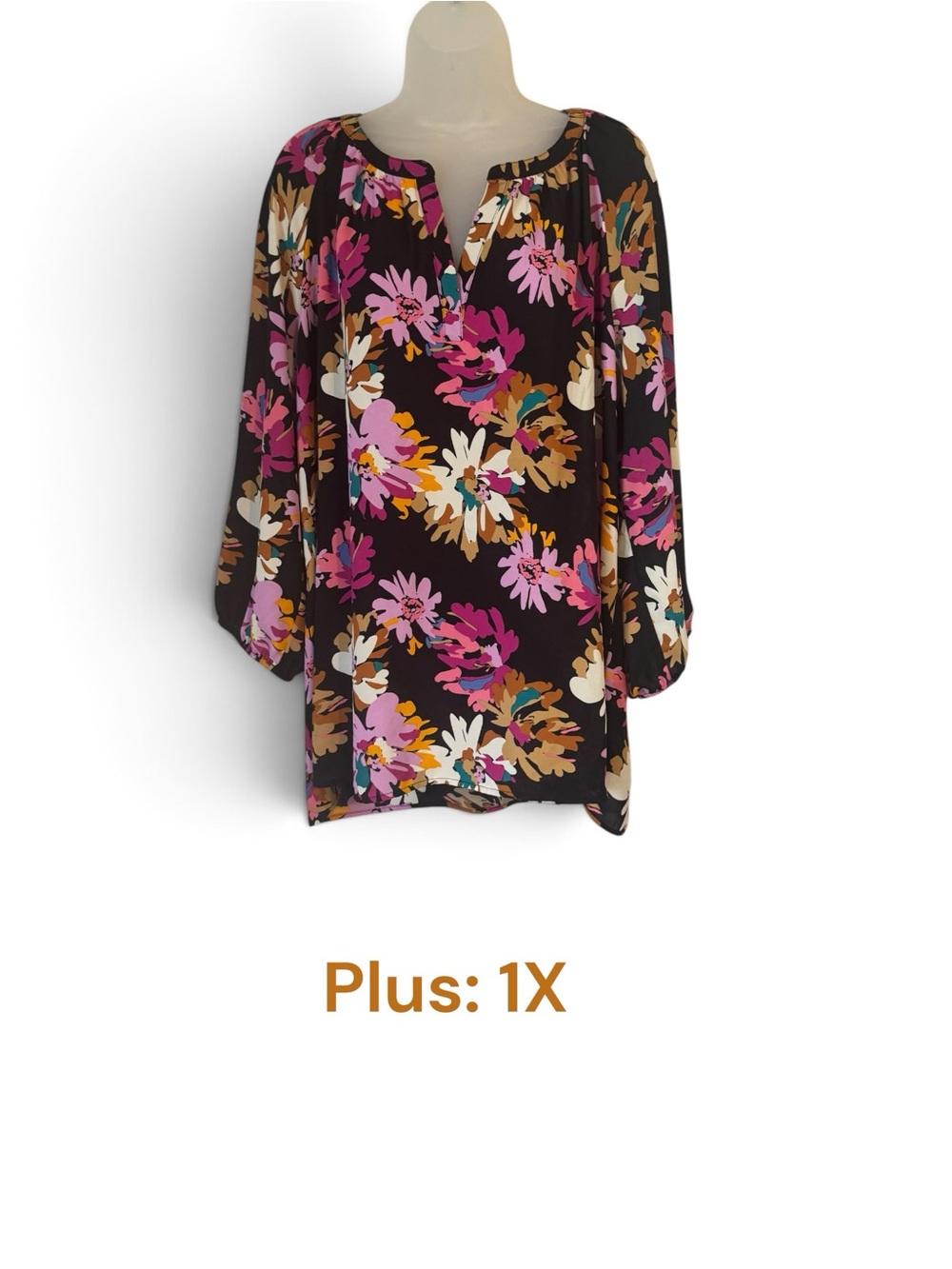 The Pioneer Woman Black Floral Split-Neck Top w/Pink & Tan Flowers PLUS: 1X  #J